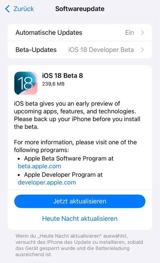 惠水苹果手机维修分享苹果 iOS / iPadOS 18 开发者预览版 Beta 8 发布 